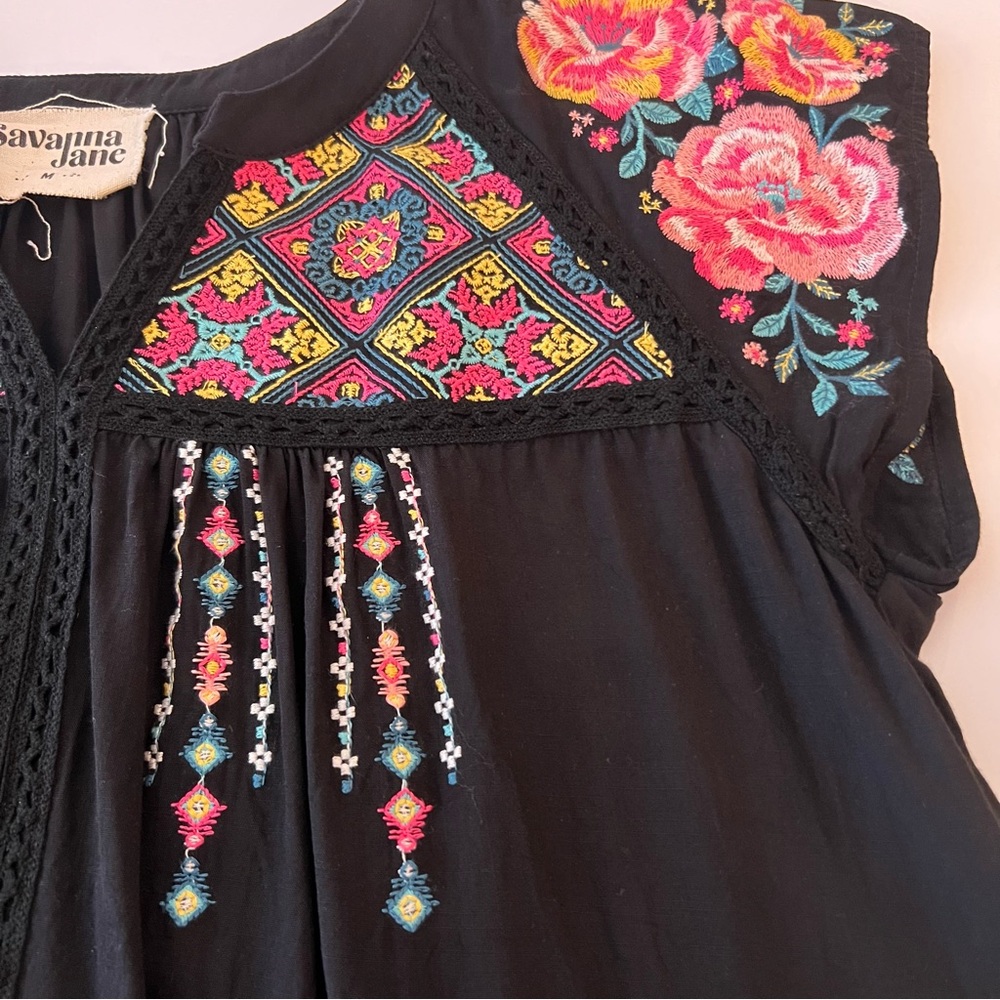 Savanna Jane Embroidered Blouse Peasant Floral Mexican Bohemian Women's M Black - Picture 4 of 7